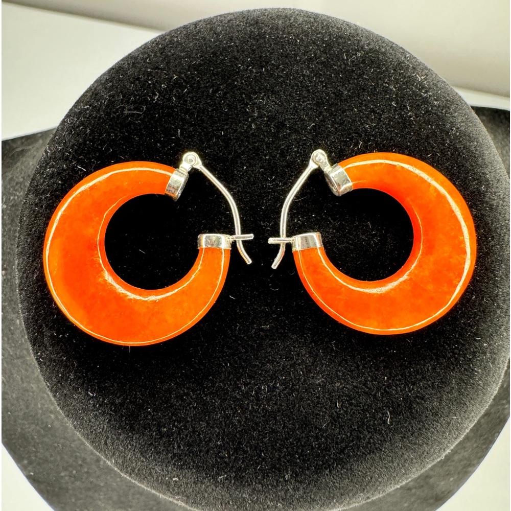 Signed NJR Jade orange hoop earrings sterling silver closure